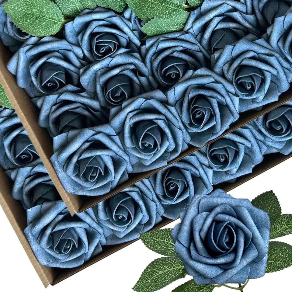 50pcs Dusty Blue Shades Foam Fake Rose with Stems 12 Leaves Artificial Flowers Real Looking Dark Blue Faux Roses for Wedding Bouquets Bridal Shower Centerpieces Arrangements Party Tables Decorations