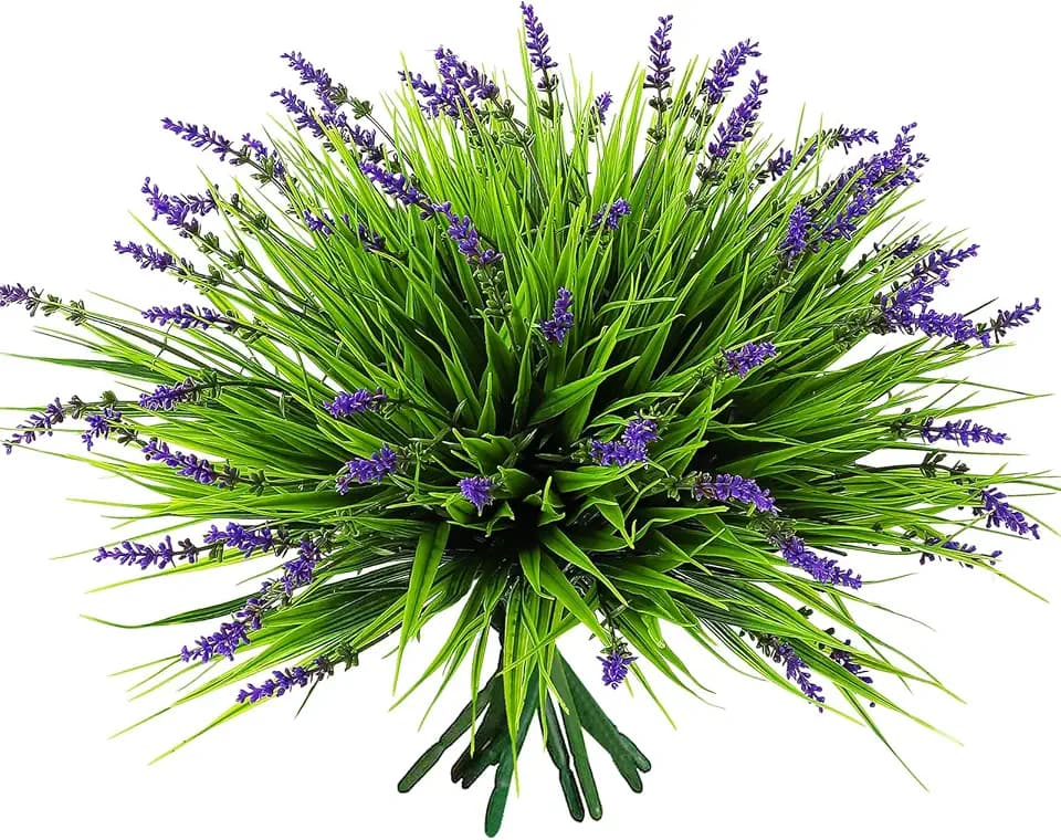 12 Bundles Artificial Grass Fake Plants,Outdoor Fake Monkey Tail Grass with Flowers for Pot UV Resistant Lavender Patio Garden Porch Home Window Hanging Planter Decor Faux Plastic Shrubs(Puper+Green)