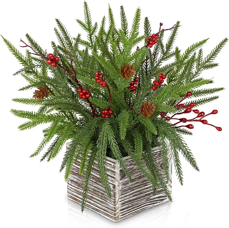 Oairse Artificial Potted Christmas Tabletop Centerpiece - 11.8" Faux Norfolk Pine Plants with Pinecones & Red Berry in Wooden Pot Xmas Decorations for Home Table Winter Mantel Farmhouse Indoor Decor
