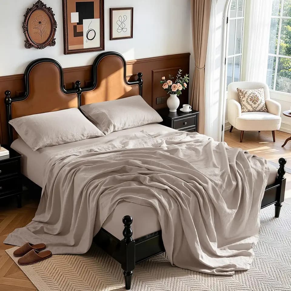 LBRO2M 100% French Pure Linen Sheet Set, 19" Deep Pocket Queen Size 4Pcs