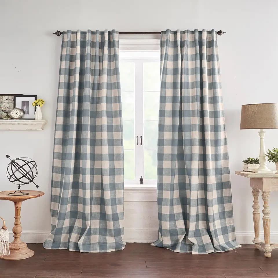 Grainger Buffalo Check Blackout Window Curtain, Chambray - 52" W x 108" L