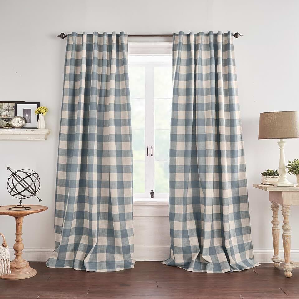 Grainger Buffalo Check Blackout Window Curtain, Chambray - 52" W x 95" L