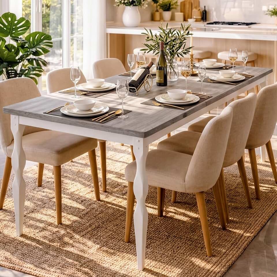 Rectangular Dining Table for 6, 71 in Rustic Farmhouse Kitchen Table with Large Tabletop, Long Wooden Dining Room Table with Heavy Duty Legs, Dinette and Dinner Desk for Party, Big Family, Grey