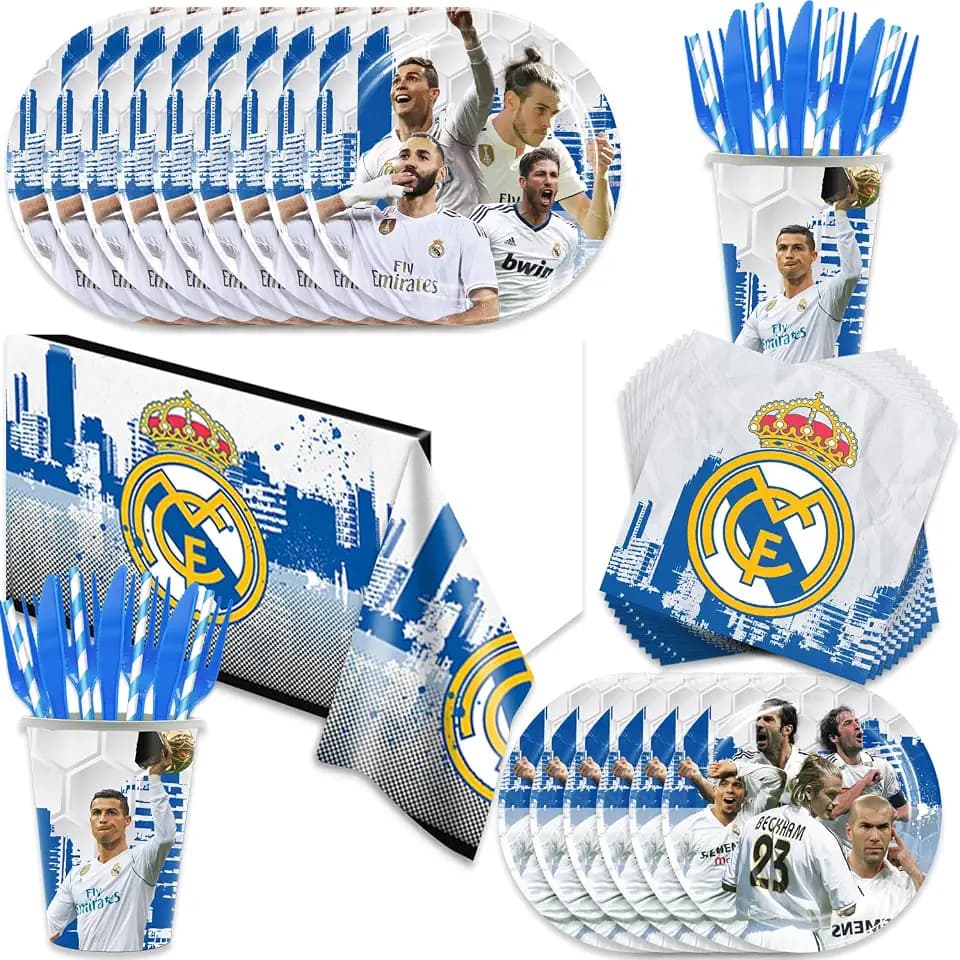 141pcs Real-Madrid Birthday Tableware Decorations Party Plates Cups Soccer Theme Napkins Beach Ball Tablecloth for Soccer Party Decoration (Real)