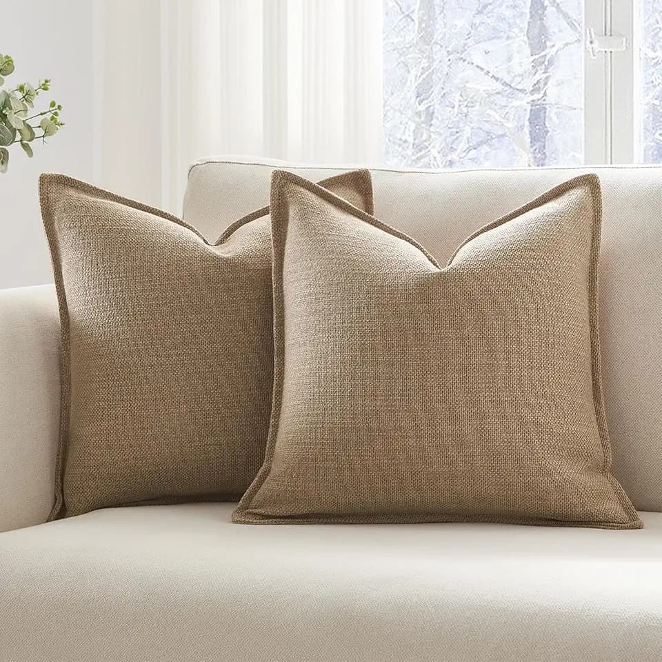 Meekio Set of 2 Khaki Pillow Covers 18x18, Linen Look Throw Pillow Covers with Flange Edge for Sofa Couch Living Décor