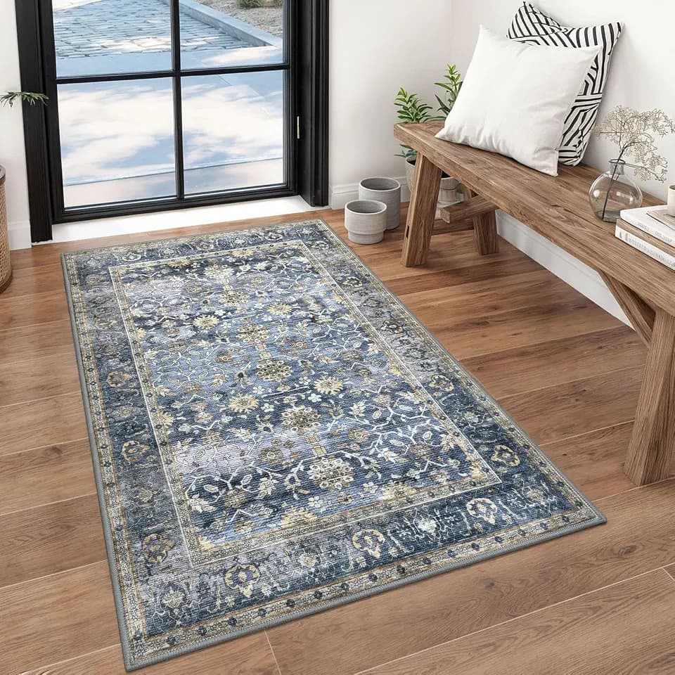 KUTA Vintage Floral 3x5 Entryway Rug Washable Area Rug Blue Grey Beige