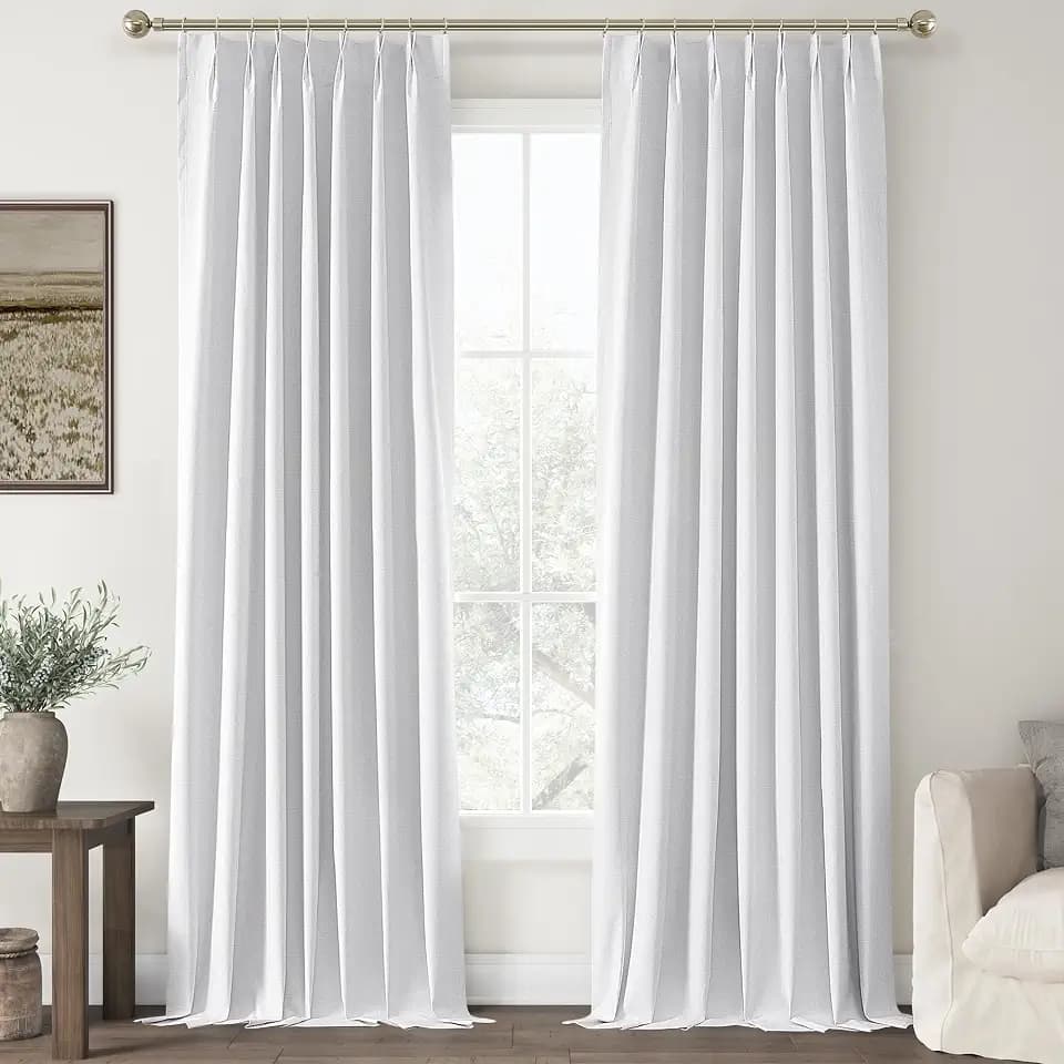 ChrisDowa White Pinch Pleated Blackout Linen Curtains 120 inches Long 2 Panels for Living Room Bedroom Farmhouse Room darking Thermal Insulated Back Tab Hooks Rings Window Treatment Drapes,40x120