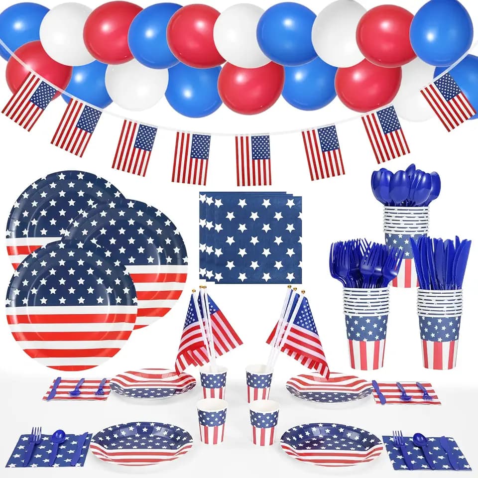 189pcs- 4th of July Party Supplies American Flag Decorations-Patriotic Party Supplies Includes Tablecloths, Plates, Napkins, Cups, Flatware Set and Small American Flags, Banner, Balloons