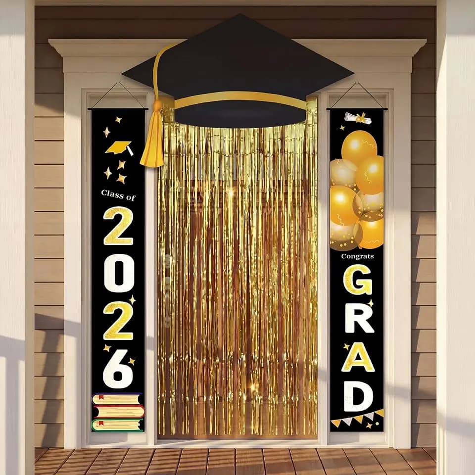 Black and Gold Graduation Decorations Class of 2026 Congrats Door Porch Sign Banner Gold Foil Fringe Curtain for High School College Grad Prom Party Supplies Graduation Cap Wall Decor Photo Booths