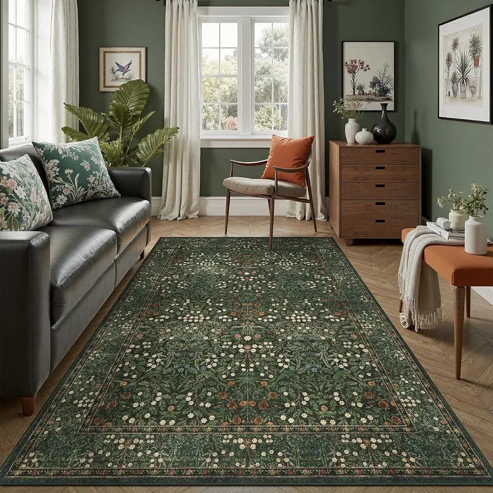 DCX Green 5x7 Area Rug, Machine Washable Non Slip Stain Resistant Soft Vintage Floral Rug, for Living Room, Bedroom, Dining Room, Soft Low Pile Large Carpet