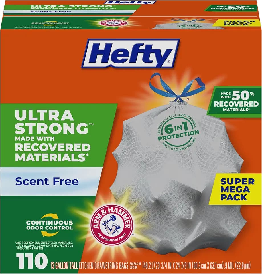 Hefty Ultra Strong Recovered Materials 13 Gallon Kitchen Trash Bags, 110ct