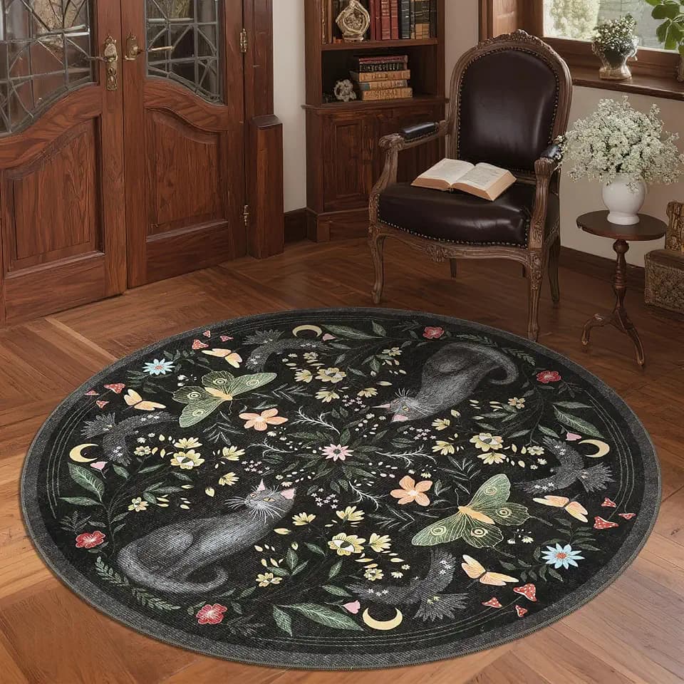 GarveeHome Round Area Rugs 5ft for Bedroom, Cat Black Washable Circle Rug Soft Non Slip Mushroom Floral Floor Mat Carpet Indoor Thin Rug for Bedroom Dining Room Playroom Nursery Gothic Decor