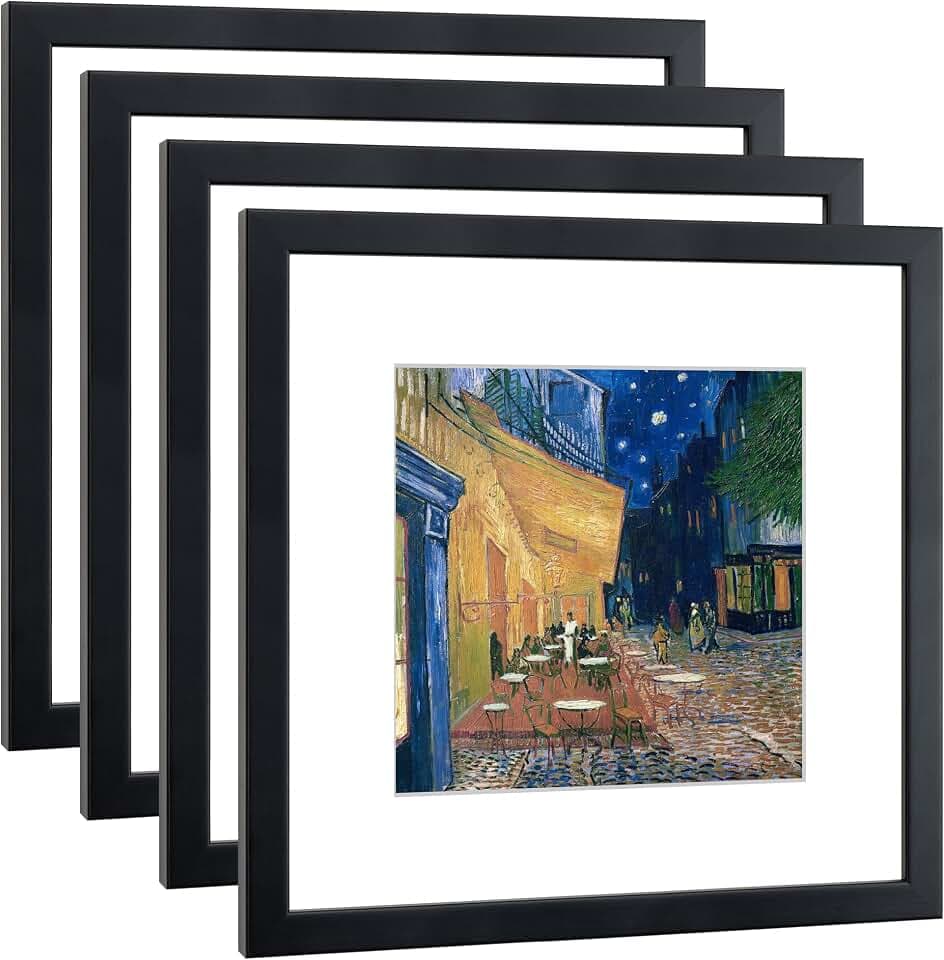 12x12 Picture Frame Set of 4 Made of Solid Wood Photo Frame with Real Glass for Pictures 8x8 with Mat or 12x12 Without Mat,Wall Mount or Tabletop Gallery Photo Frames in Black