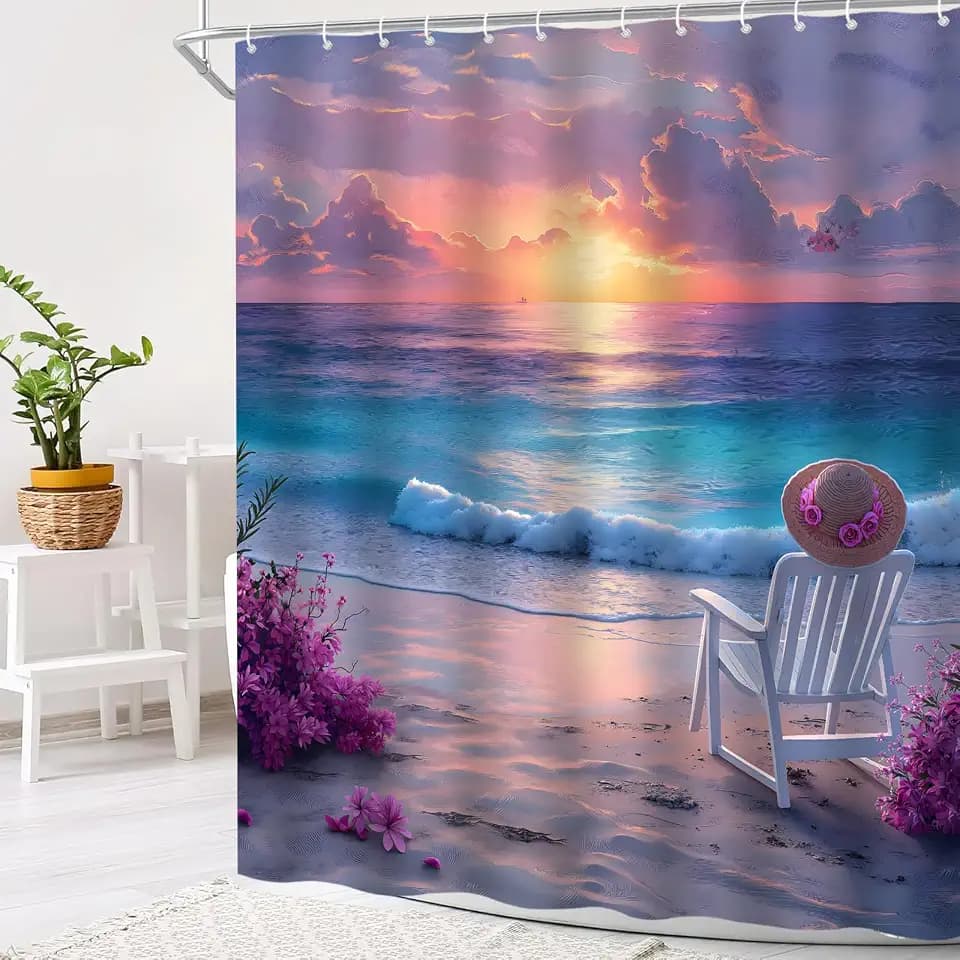Ocean Beach Scenery Shower Curtain Blue Purple Sea Wave Sunset Tropical Floral Coastal Hawaii Seascape Nature Fabric Bathroom Curtain Set with Hook,70x70INCH