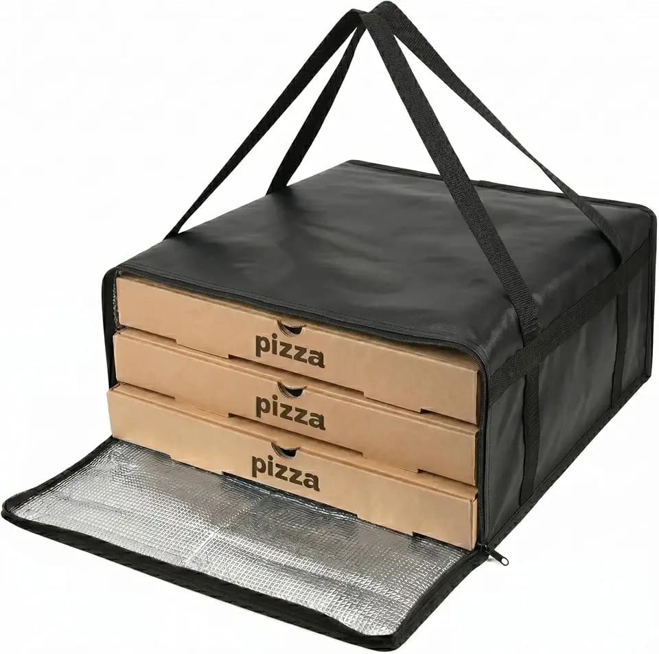 19.6" x 19.6" x 5.9" Insulated Pizza Delivery Bag with Zipper Closure, Thermal Food Carrier for Hot & Cold Meals, Reusable Delivery Bag for Catering, Transport & Home Use, Black (1 Pack)