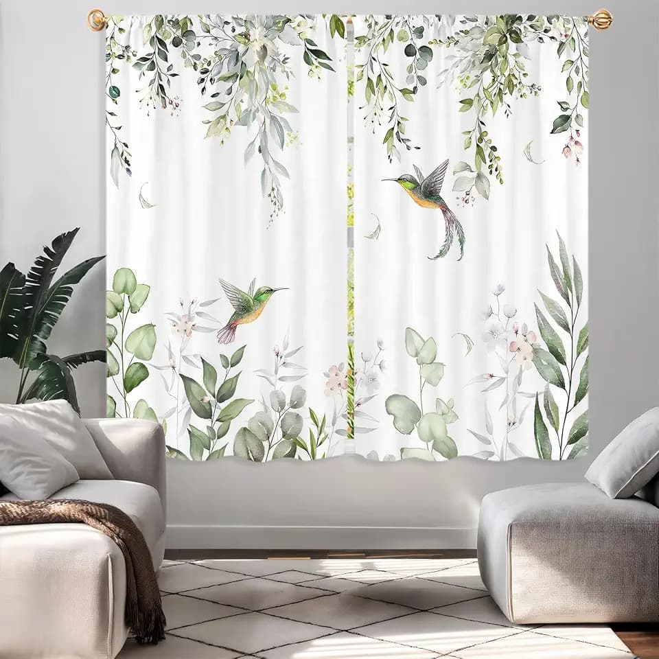 Green Leaves Hummingbird Window Curtains 29W X 63L Inch 2 Panels Rod Pocket Eucalyptus Bird Cortinas para Cocina Bedroom Curtains Floral Over Sink Window Drapes Living Dining Room Home Decor