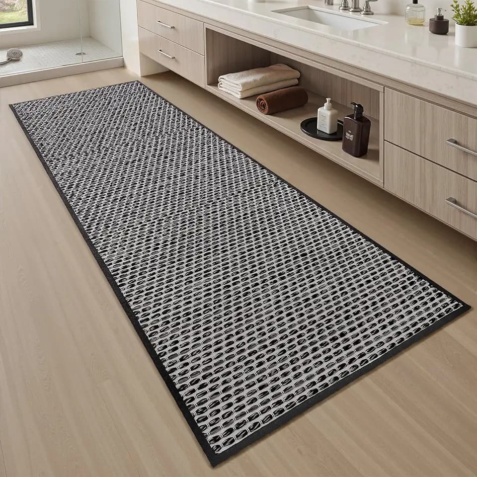 AMOAMI Unique Woven Bathroom Runner Rug, Super Absorbent Non Slip Bath Mats for Bathroom Textured Bathroom Mat Quick Dry Boho Rugs Runners for Hallyways Kitchen Bedroom Beside Tub, 2' x 6', Black