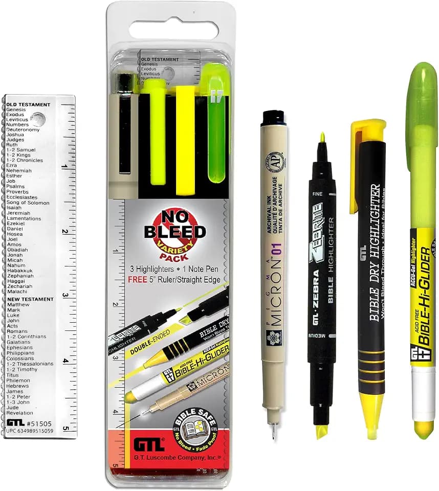 G.T. Luscombe Company, Inc. No Bleed Variety Pack | No Smearing or Fading Pigmented Ink | Yellow Accu-Gel, Bible Dry & Zebrite Double-Ended Highlighter | 01 Black Pigma Micron, Ruler/Bookmark Set of 5