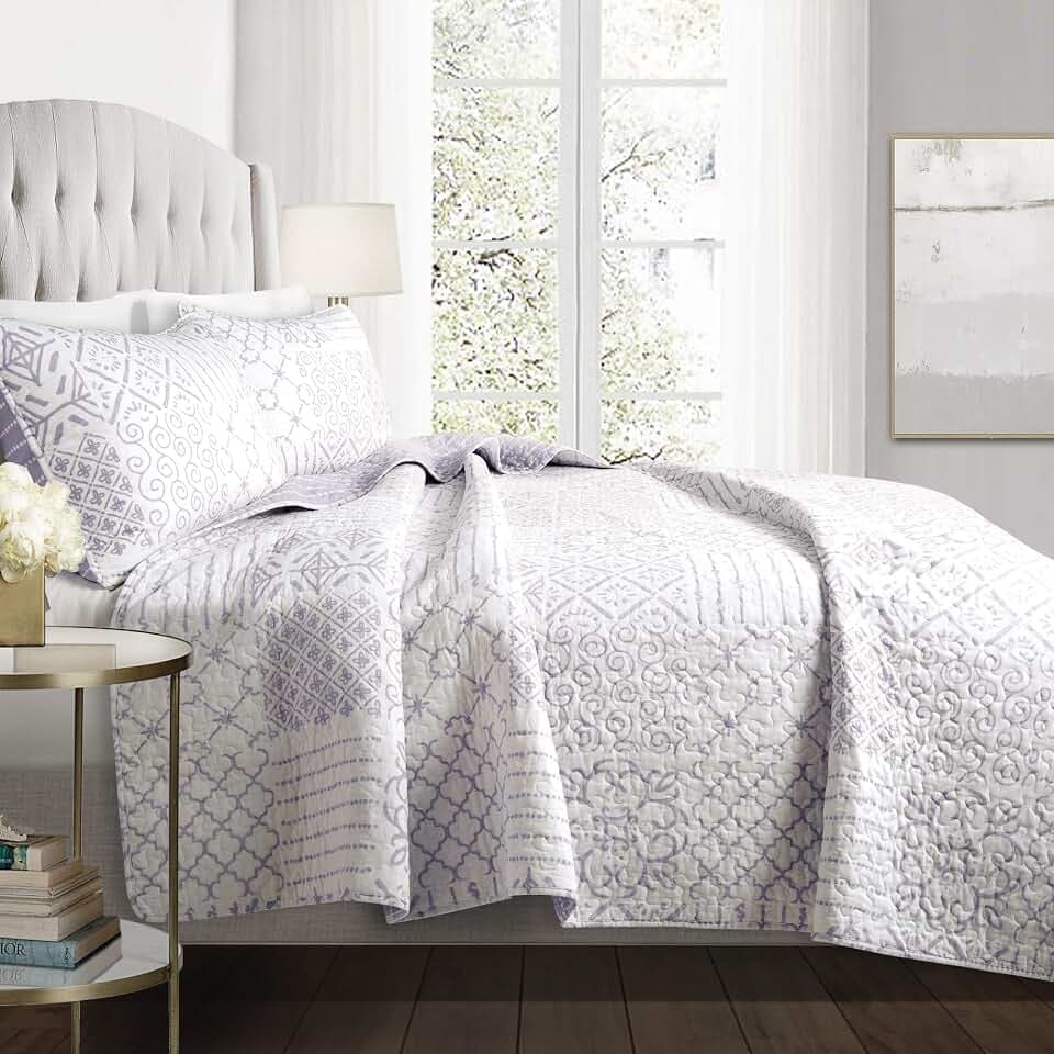 Lush Decor Monique Reversible Cotton Quilt King Size 3 Piece Set Lavender - Purple Bedding Set King Quilt - Patchwork Quilts - Boho Decor
