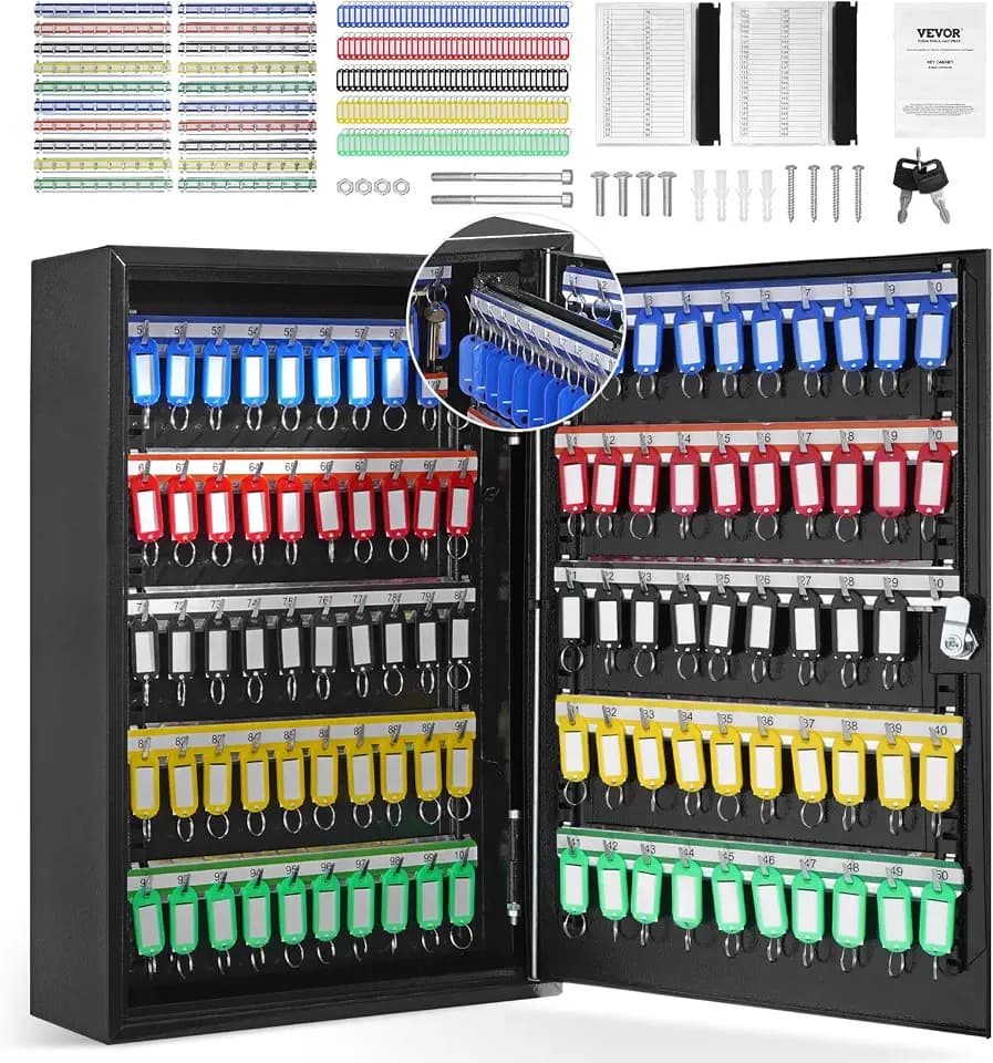 VEVOR 200-Key Cabinet, Key Lock Box with Adjustable Racks, Security Key Storage Box Steel, Key Organizer with 200 Colorful Key Tags and 4 Record Cards for School, Office, Hotel