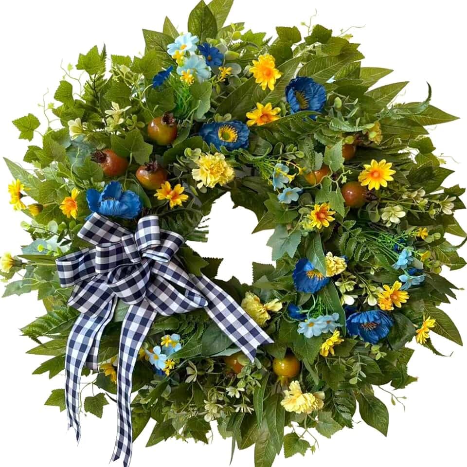 WANNA-CUL 24 Inch Blue Yellow Summer Wreath for Front Door All Season Decor