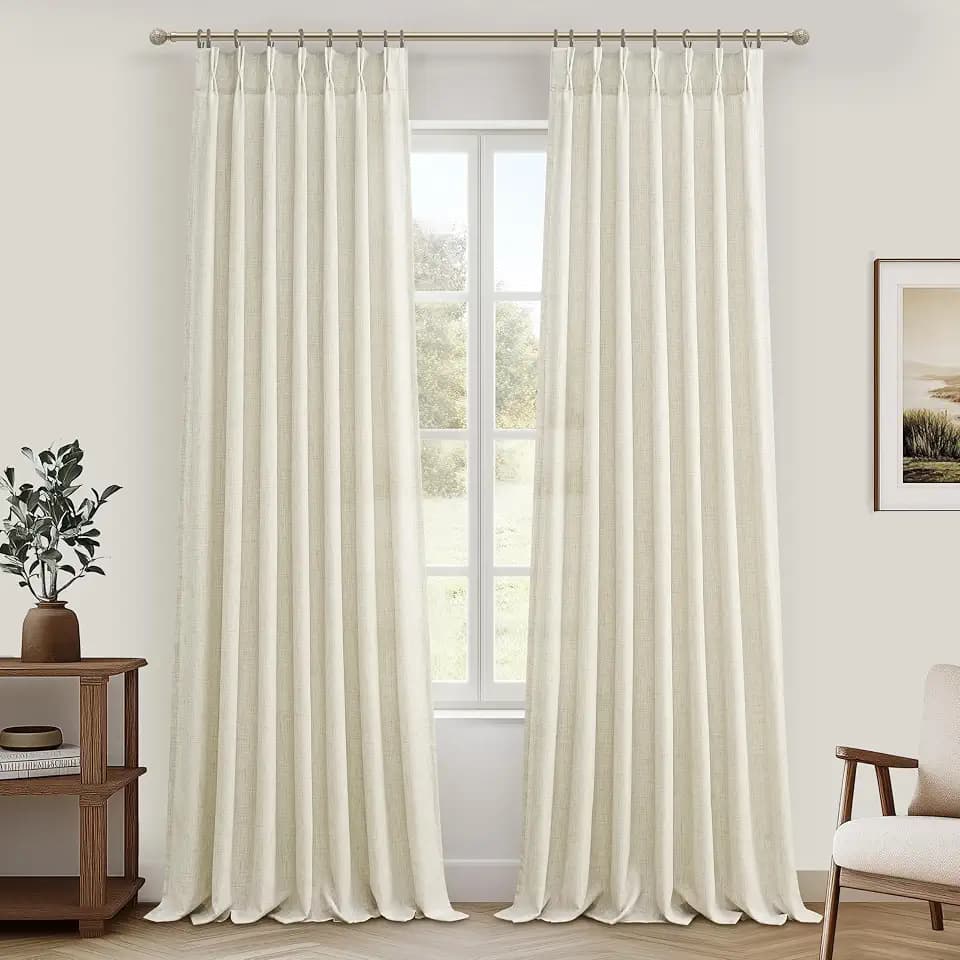 Cream Beige Memory Trained Pinch Pleated Curtains 96 Inches Long for Bedroom, Light Filtering Linen Blend Sheer Dining Room Boho Curtains 2 Panels Set with Hooks Rings Privacy Window Drapes 40x96 Inch