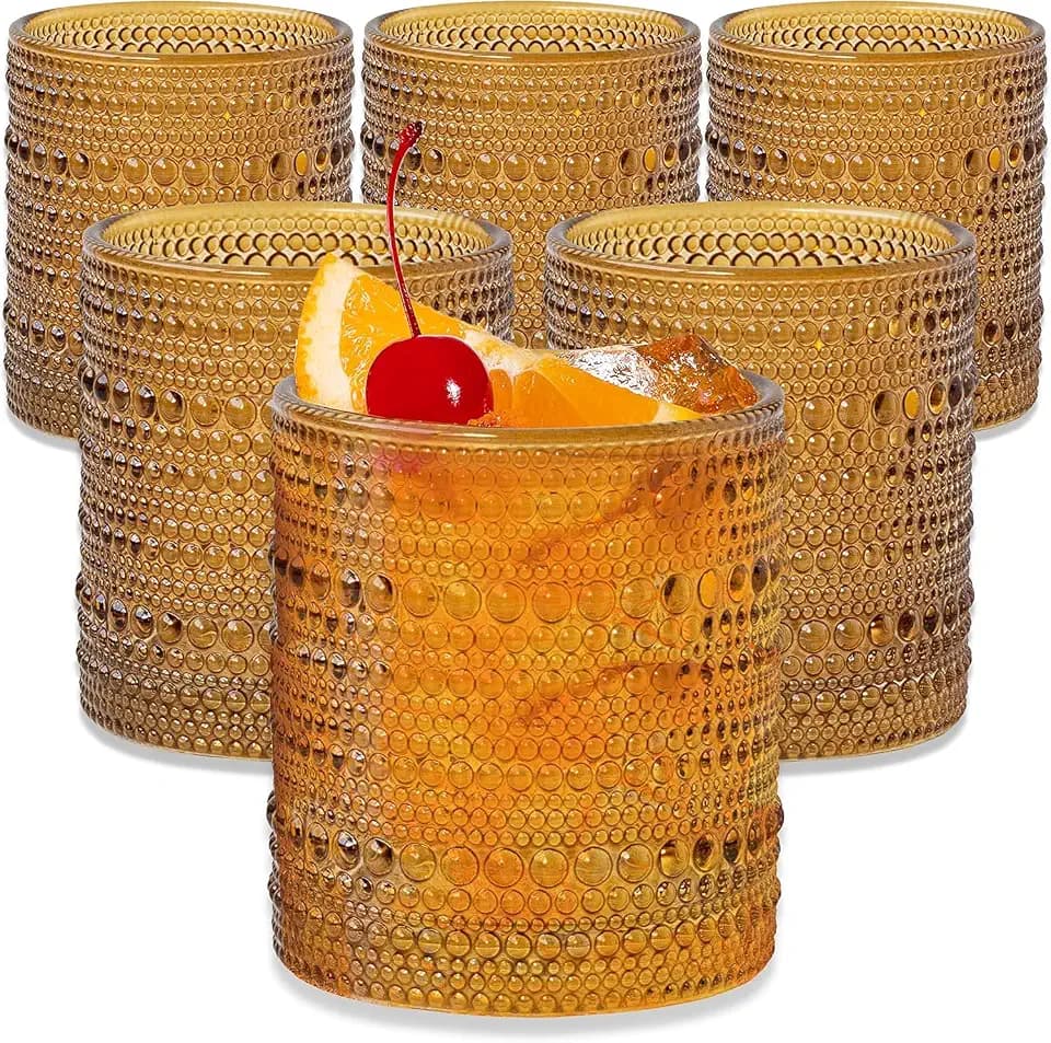 Kate Aspen Beaded Amber Drinking Glasses Set of 6-10 oz Vintage Glassware Set Jupiter Glasses, Cocktail Glass Set, Juice Glass, Water Cups Hostess Gift, Present, Gift for Newlyweds