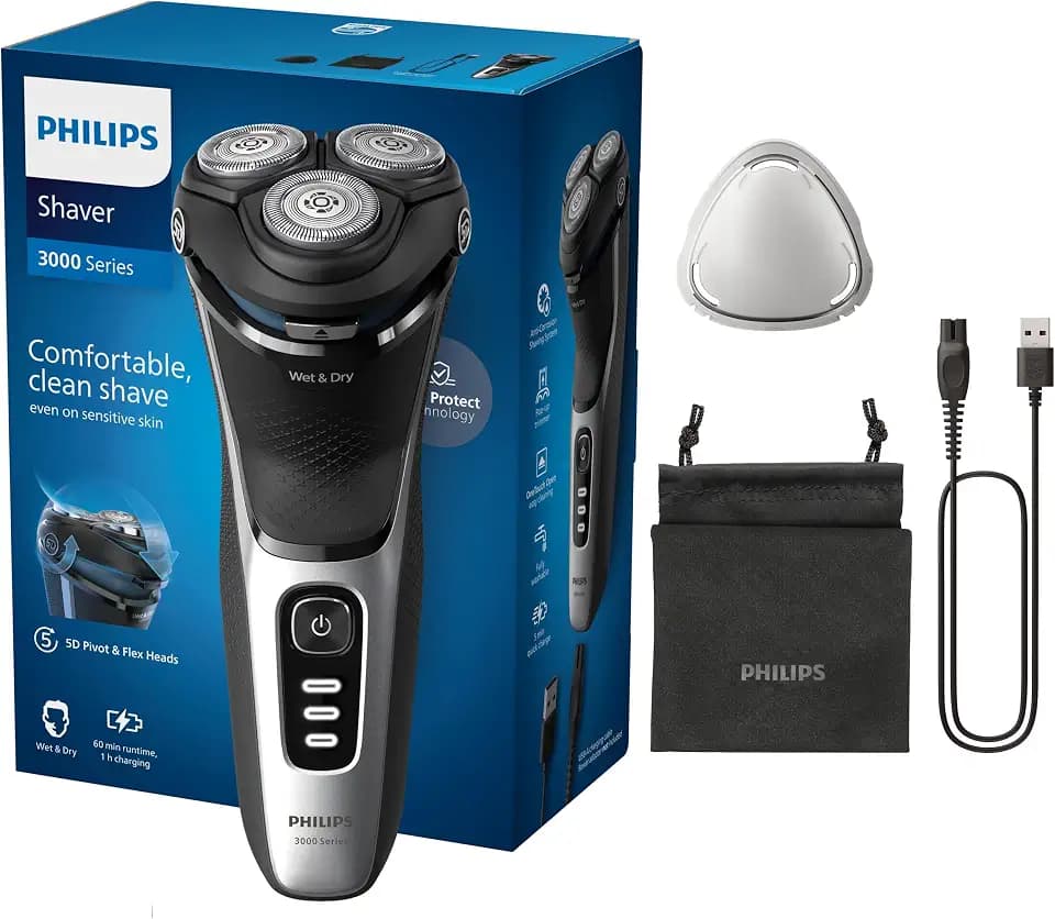 Philips Rasierer Series 3000 – Elektrischer Nass- und Trockenrasierer für Herren in Schwarz, mit SkinProtect-Technologie, ausklappbarem Bartschneider und Reisetasche, kabellos (Modell S3241/12)