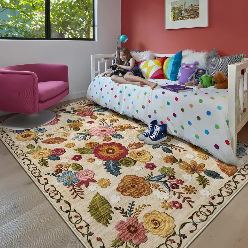 Washable 5x7 Area Rug, Beige Boho Floral Non-Slip for Living Room, Bedroom