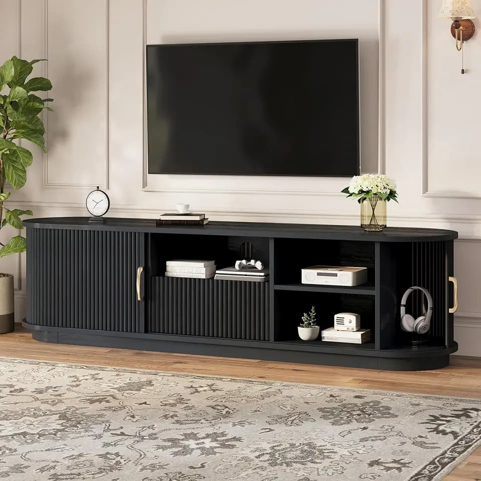 Merax Modern Fluted TV Stand with Sliding Doors for Living Room, Wood Entertainment Center with Drawer & Storage Cabinets, Practical Media Console for Televisions Up to 75'', Black