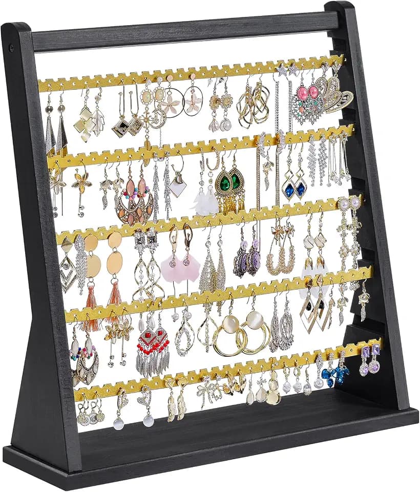 Poyilooo Earring Organizer Stand, Rustic Wood Earring Holder Rack, 5 Layer Jewelry Holder Organizer with 270 Earring Tree Holes Display for Stud Earings & Hoop Earrings, Gifts for Women (Black&gold)