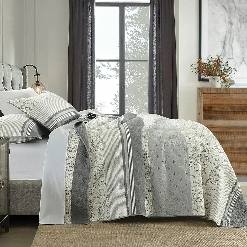 DDUOXIN 100% Cotton Queen Quilt - Modern Stripe Botanical Soft Bedding Set
