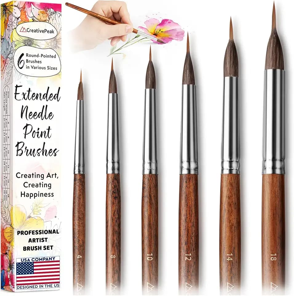 Extended Needle Point Brushes, Set of 6 - Professional Watercolor Brush Set