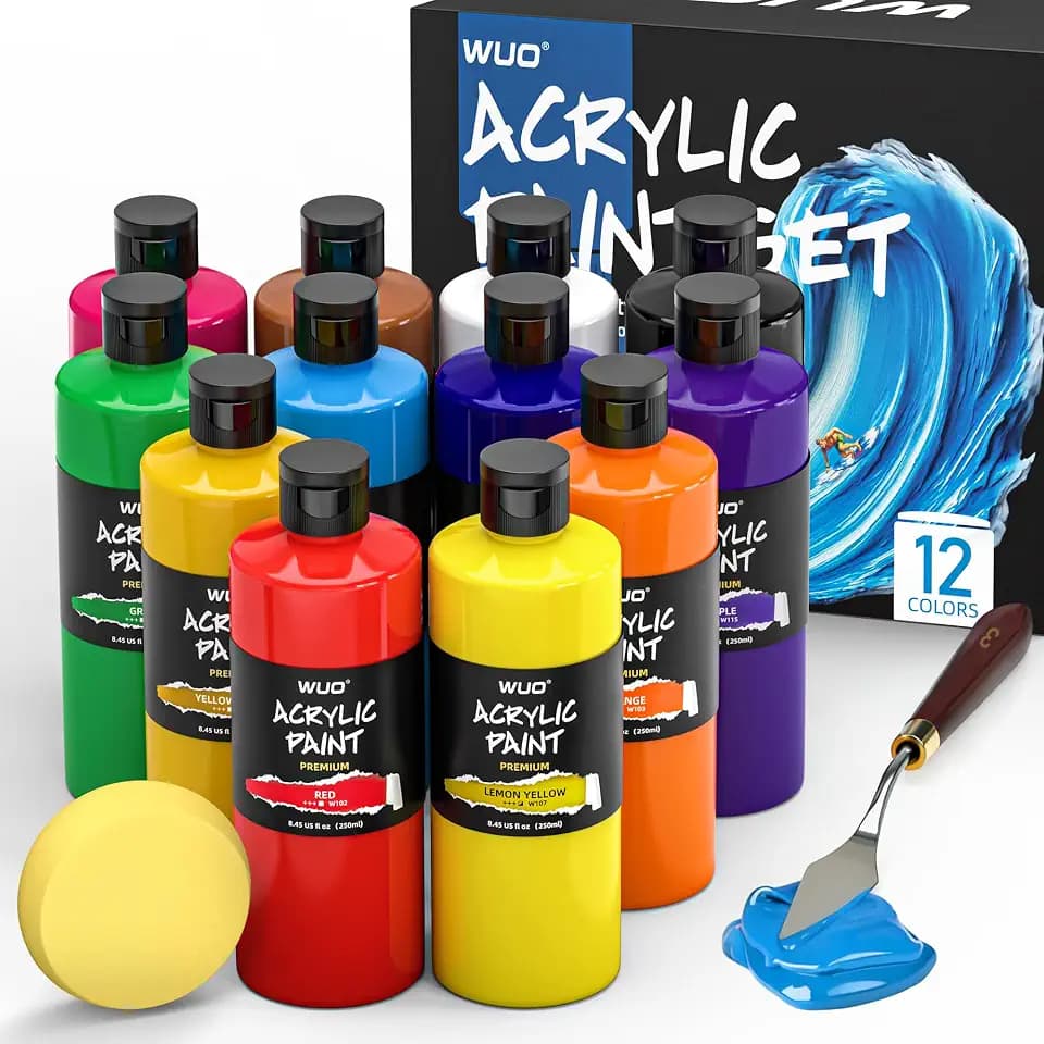 WUO 12 Colors Acrylic Paint Set, 250ml/8.45oz Bottles Artists Acrylic Paint