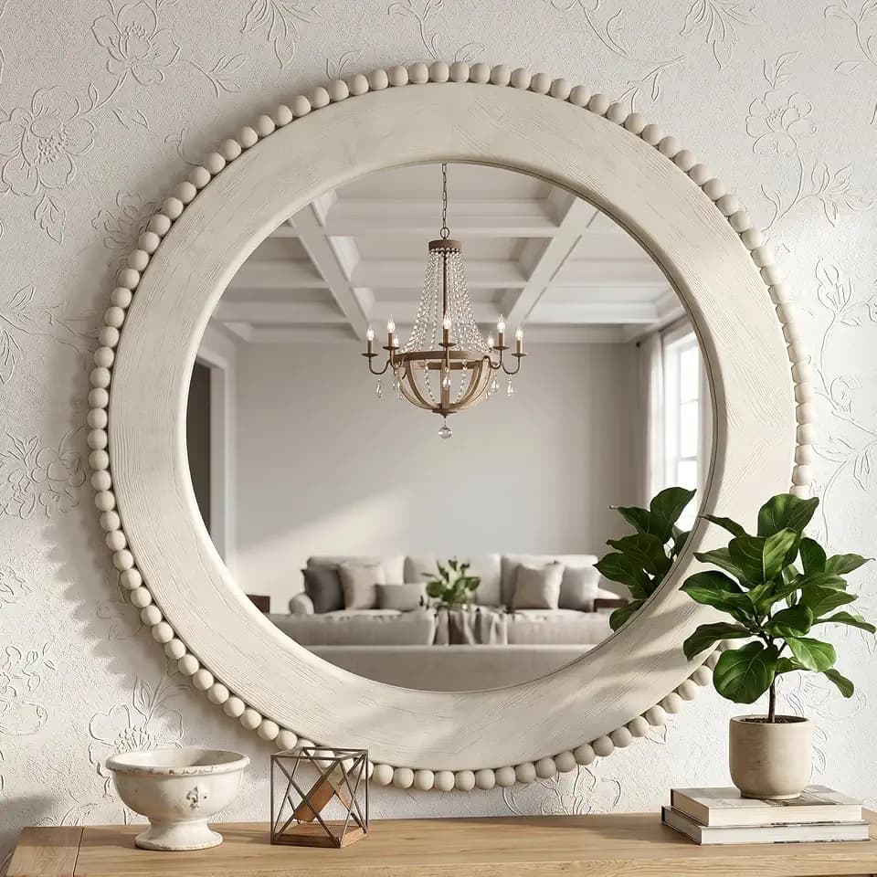 Farmhouse Round Wall Mirror Decor, 24" Circle Solid Wood Mirror Retro White