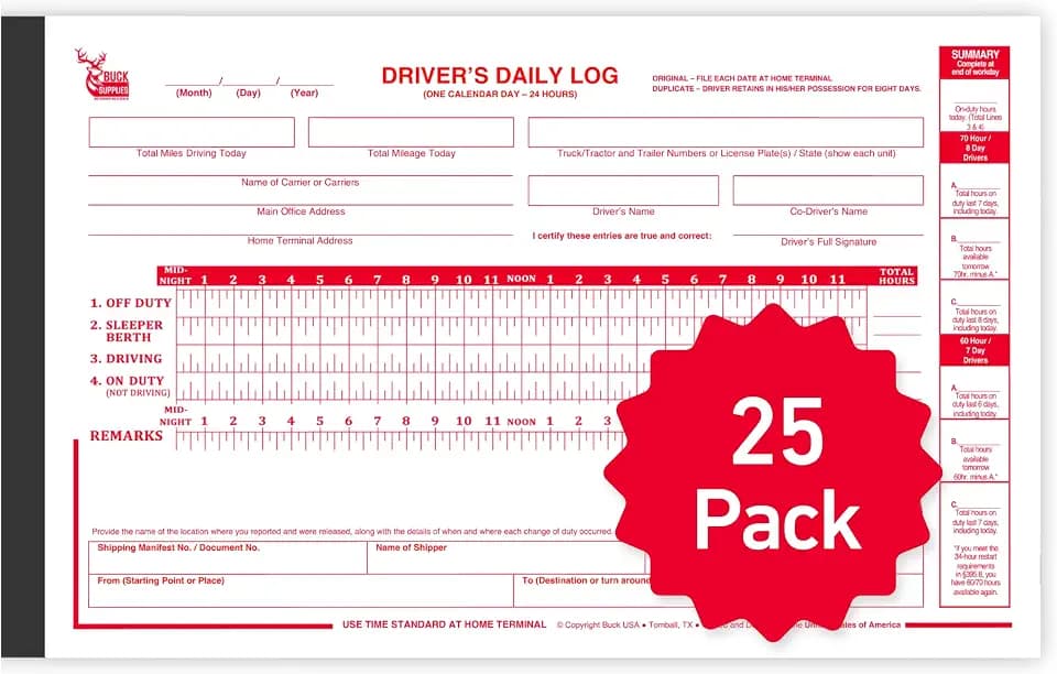 25 Pack Driver Daily Log Books for Truck Drivers with 7 & 8 Day Recap - 35 Sets of Forms Per Log Book, 2-Ply Carbonless, 5.5" x 8.5", DOT Log Book for Truck Drivers, FMCSA Compliant, Easy Tear-Out