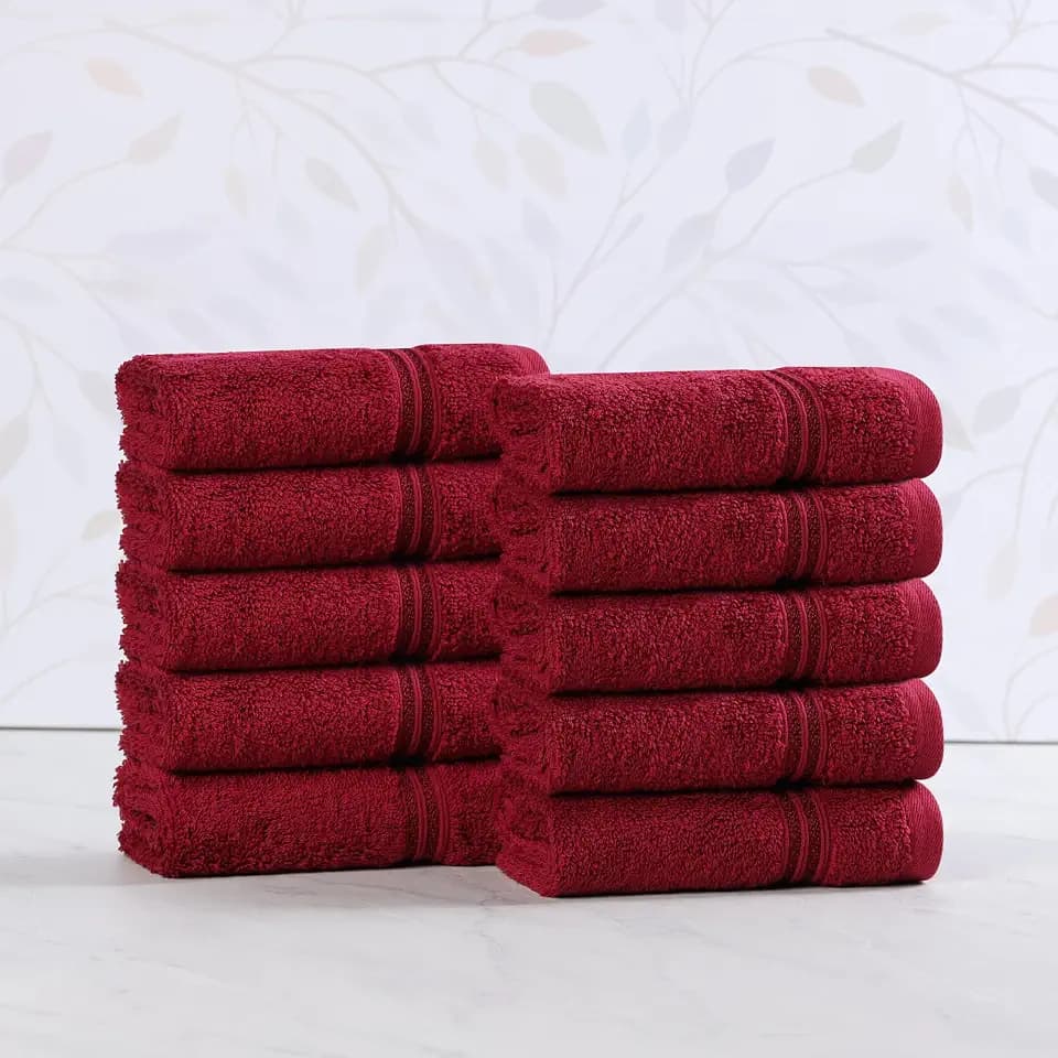 Superior Heritage Egyptian Cotton Face Towel Set, Small Towels for Kitchen, Home Bathroom, Guest Bath, Luxury Essentials, Plush, Absorbent Basics, Washcloths, Spa, Hotel, Resort, Set of 10, Burgundy