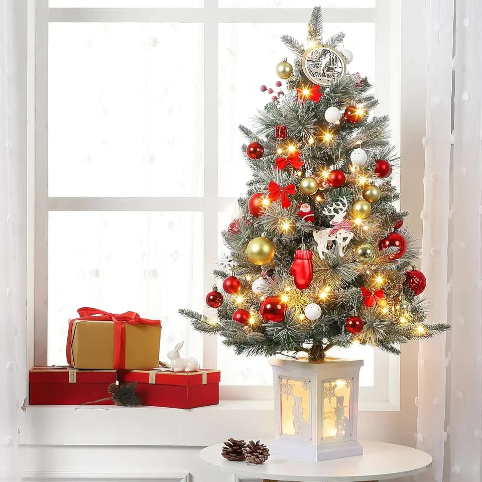 GAOMON 3ft Prelit Snow Flocked Christmas Tree with White Snowman Box Base