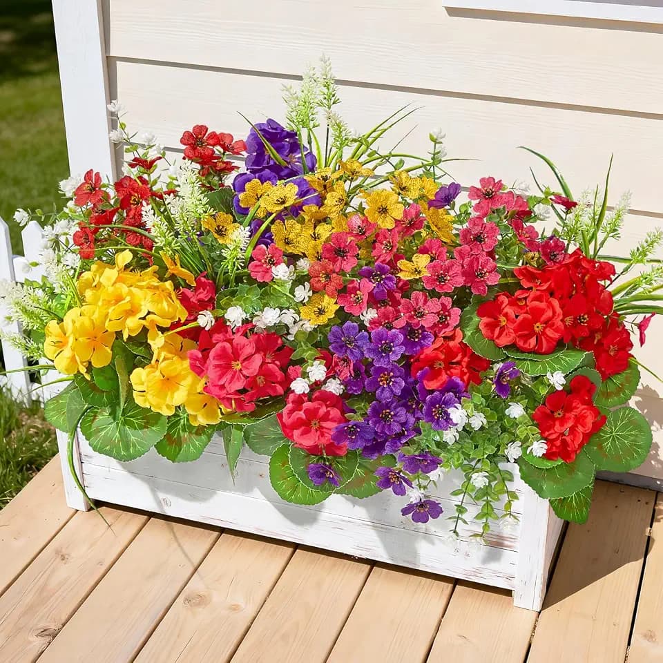 16 Bundles UV Resistant Silk Artificial Outdoor Flowers for Window Box