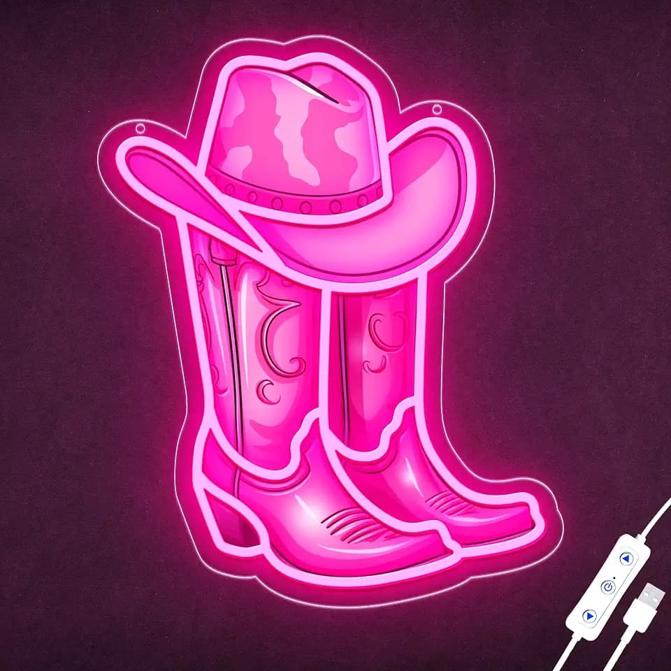 Pink Cowgirl Boot Neon Signs for Wall Decor, Led Cowboy Hat Light Up Sign, Dimmable Pink Neon Light for Girls Room Bedroom Teen Dorm Party Aesthetic Western Decor Gifts