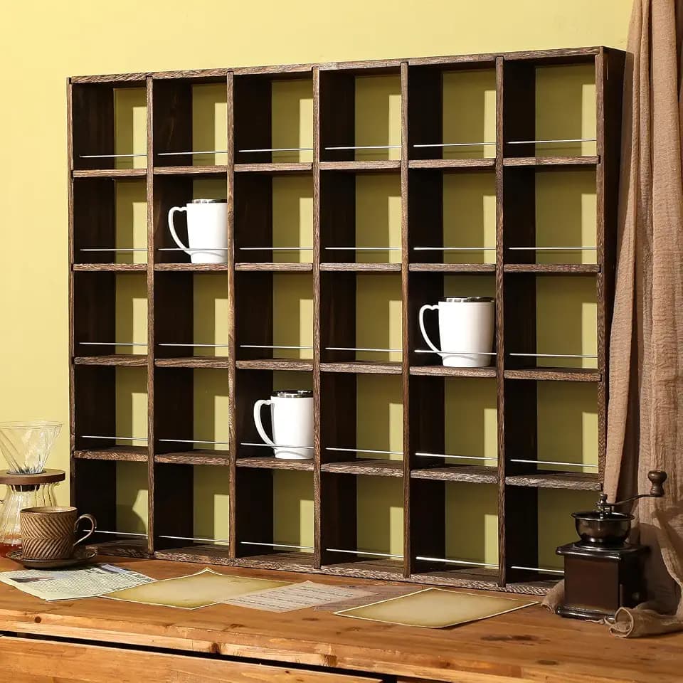 Kigley Oversize Coffee Mug Display Rack Wooden Shelves Rustic Shot Glass Display Case Travel Mug Shelf Wall Mounted Rack Holder Shadow Box(5 x 6,Dark Brown)