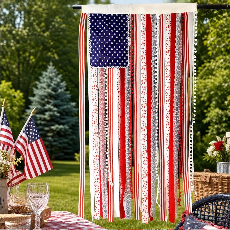 4th of July Decorations 4 x 2.3 FT Vintage Rag American Flag Banner Hanging Fourth of July Banner Patriotic Independence Day Accessories for 250th Anniversary Celebration Indoor Outdoor Decoration