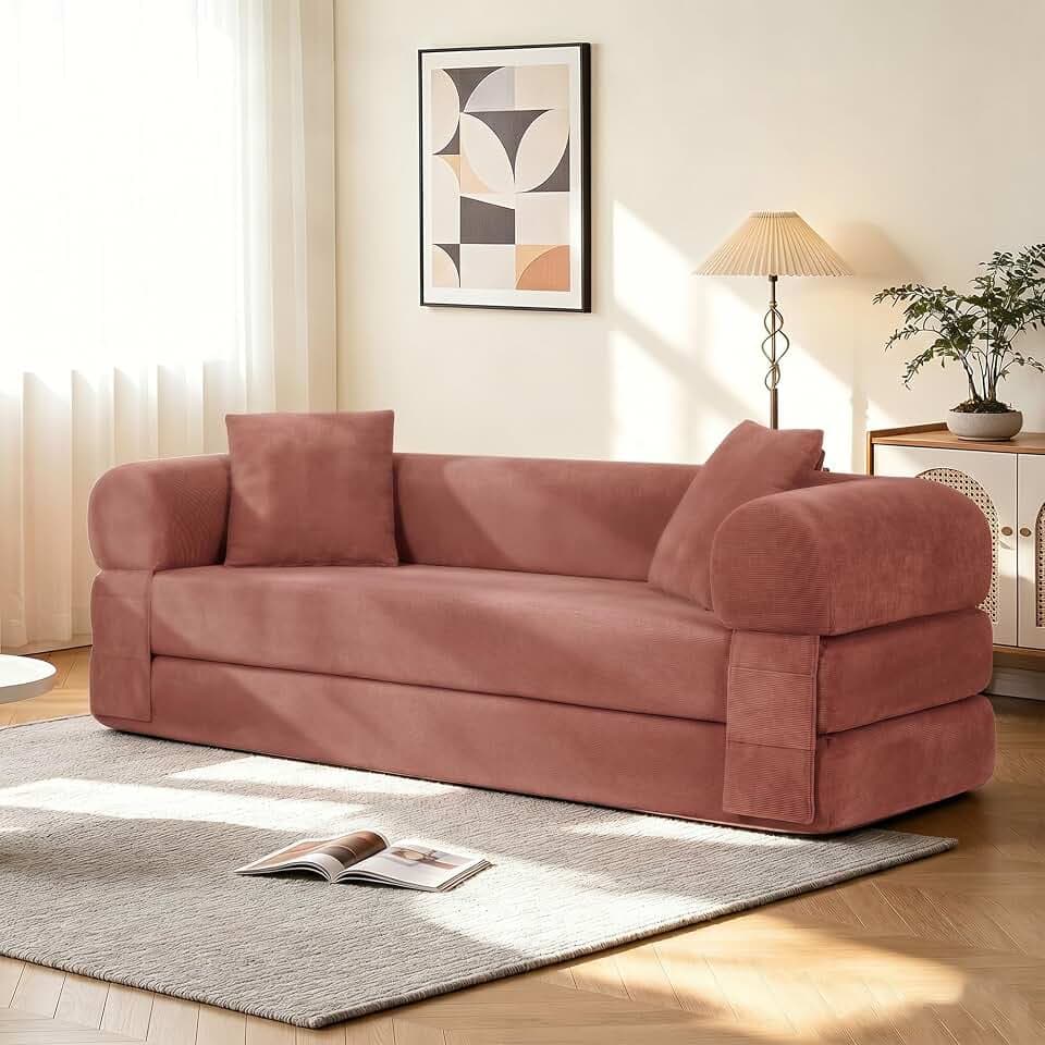 3-in-1 Queen Convertible Sofa Bed, Boneless Sleeper Couch, Pink