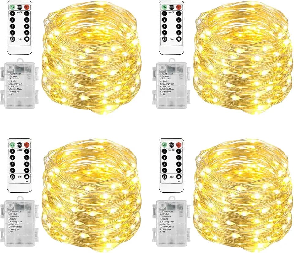 Homemory 4 Pack 20 Ft 60 LED Fairy Lights Battery Operated Christmas Lights with Remote Waterproof 8 Modes Firefly Twinkle String Lights for Party Bedroom Wedding Christmas Decorations