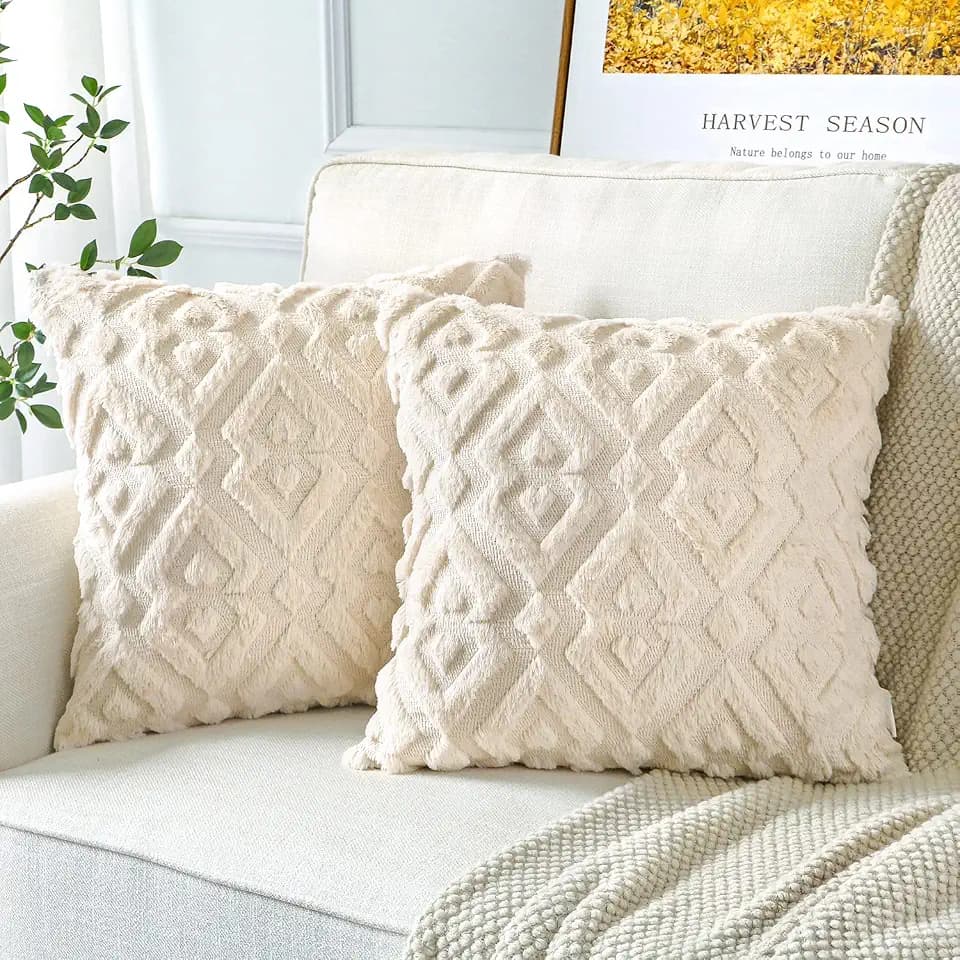 Artscope Pack of 2 Soft Plush Short Wool Velvet Decorative Throw Pillow Covers Luxury Style Cushion Covers European Pillow Shell for Sofa Bedroom Diamond Shape Cream Beige, 28x28 Inch