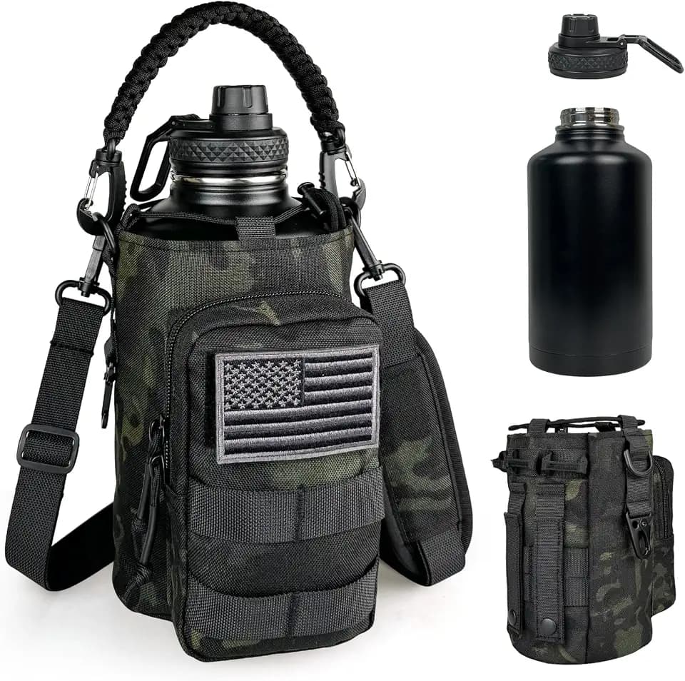 DEFUNX Half Gallon Water Bottle Insulated with Sleeve - Tactical 64 oz Stainless Steel Water Jug with MOLLE Water Bottle Pouch, Gym Water Bottles for Men Hiking Workout (Black Camo)