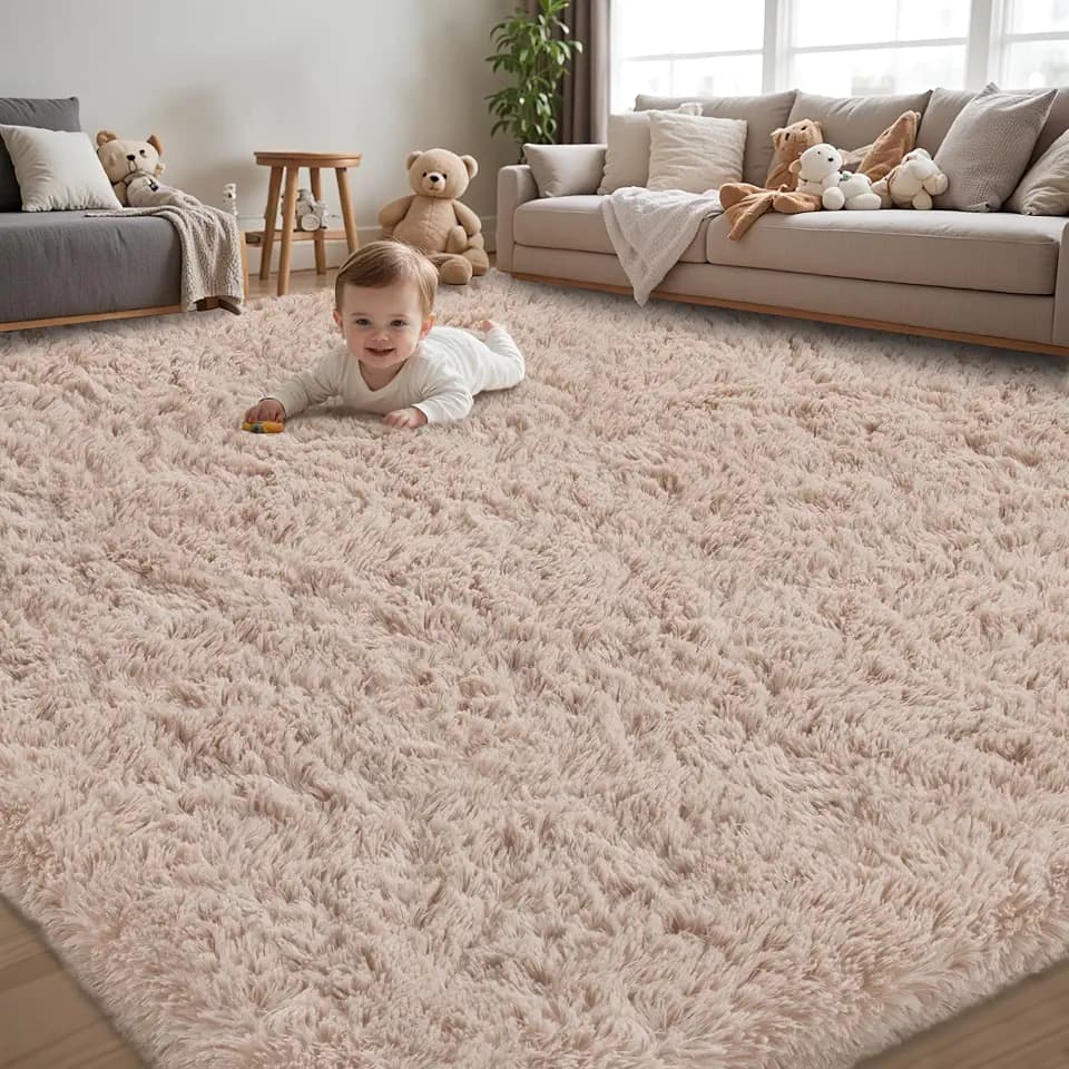 4x6 Area Rug for Living Room,Beige Fluffy Shag Non-Slip Bedroom Rugs