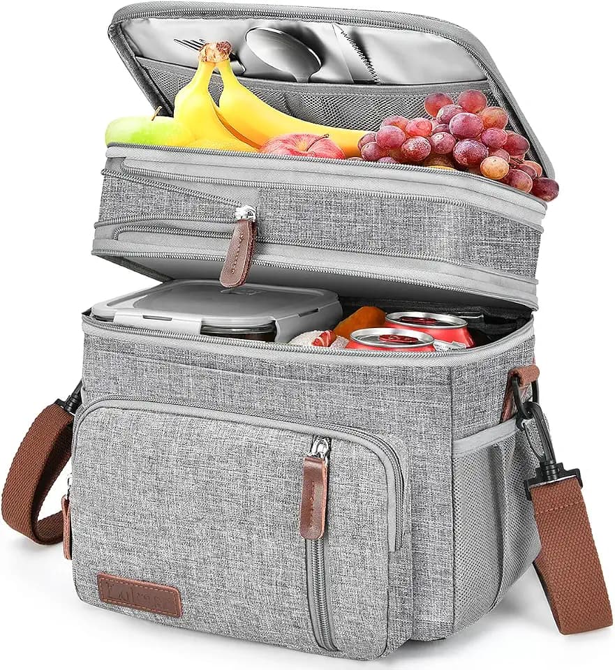 Lunch Box & Lunch Bag for Women, Double-deck Expandable Large Insulated Cooler Lunch Bag with Shoulder Strap, Leakproof Durable Adult Lunch Box for Work, Picnic, Beach, 16L, Gray