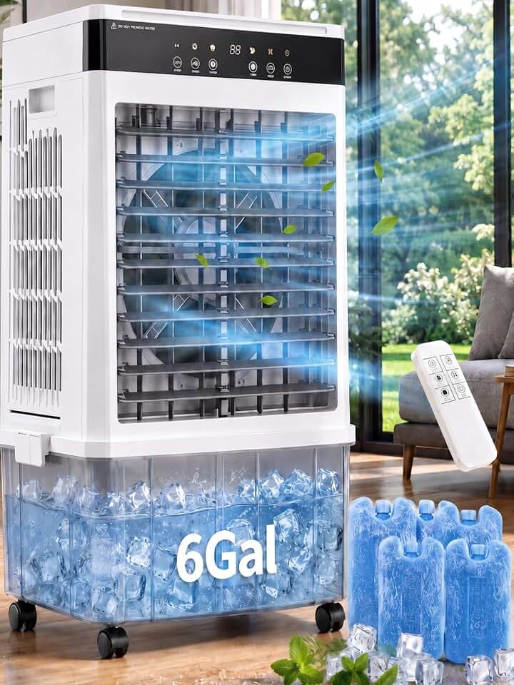 Uthfy 3000CFM Swamp Cooler for Large Room, 30"Evaporative Air Cooler with 6Gal Detachable Water Tank, 3-Sided Cooling Pad, 120°Oscillation, 4 Mode, 12H Timer, Portable Air Conditioner for Room, Garage