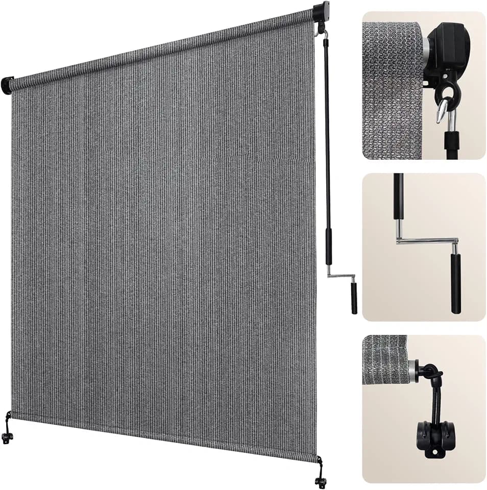 Artpuch 10' W x 8' H Cordless Outdoor Roller Shades for Patio, Grey